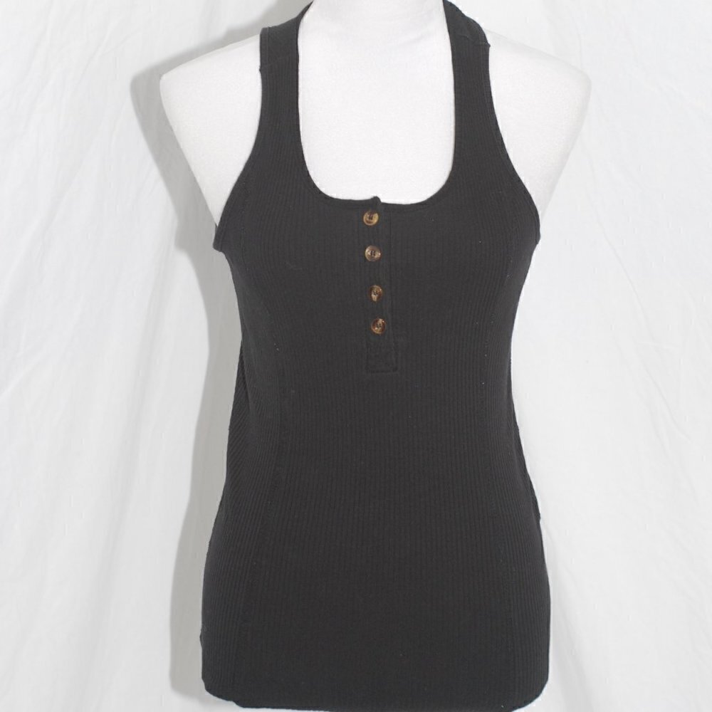 Ribbed Button Chest Tank Top Womens Large Black Muscle Shirt Bodycon Summer EUC